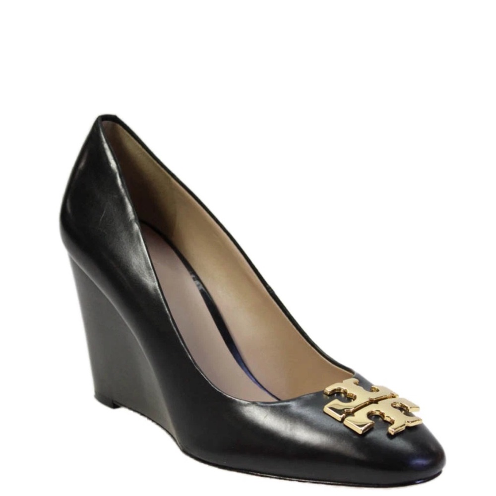 NWB Tory Burch Womens Leather Slip On Wedge Heels Black Size 7M/dust bag